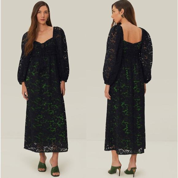 FARM Rio Dresses & Skirts - NWT Farm Rio Black Lace Long Sleeve Midi Dress Tasseled Sweetheart Neck Size M